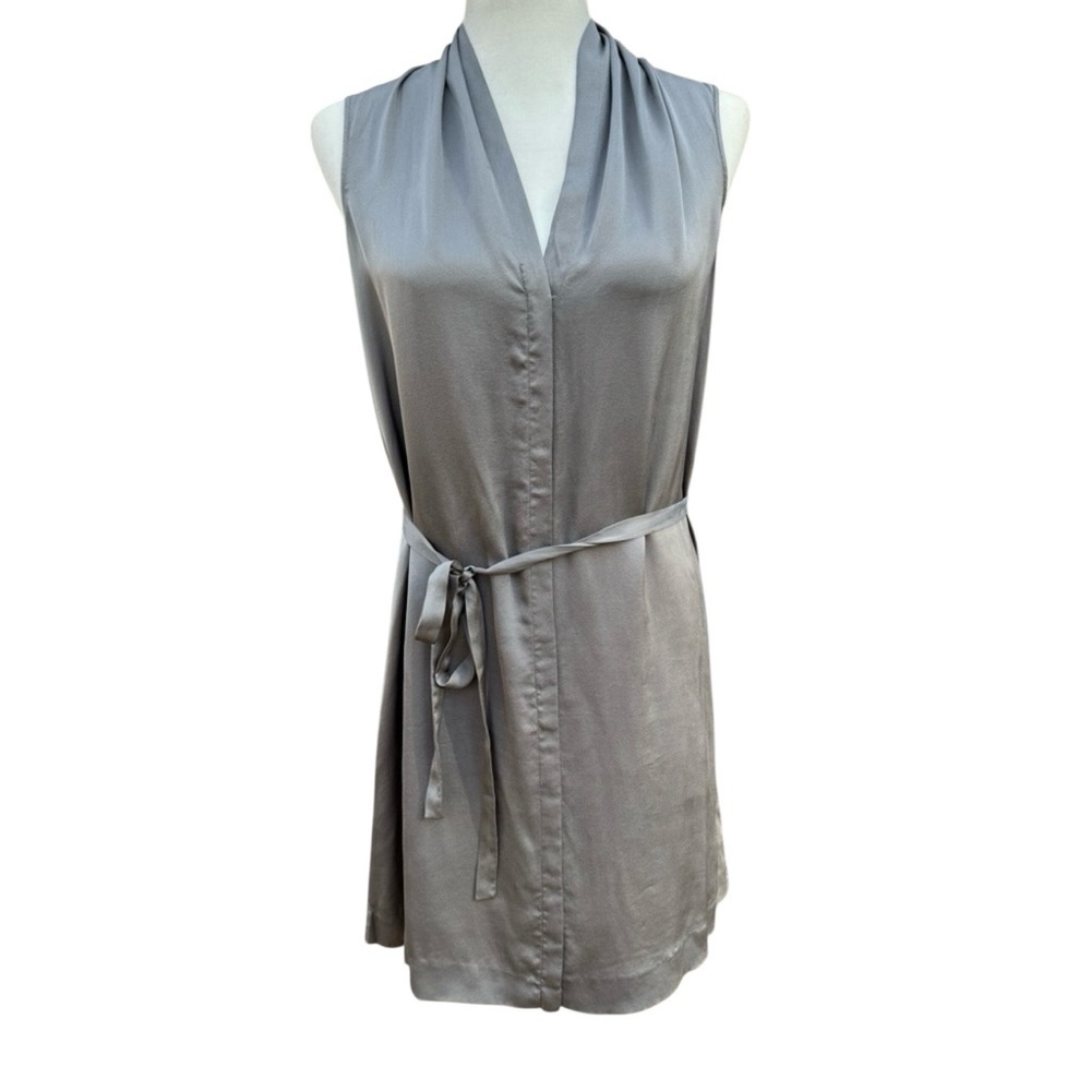 Theroy 100% Silk Gray Sleeveless Pullover Tie Waist Dress Small Flaw Size 4